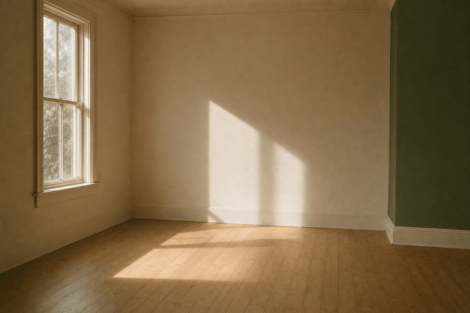 Late afternoon light across the bare floor of an empty room